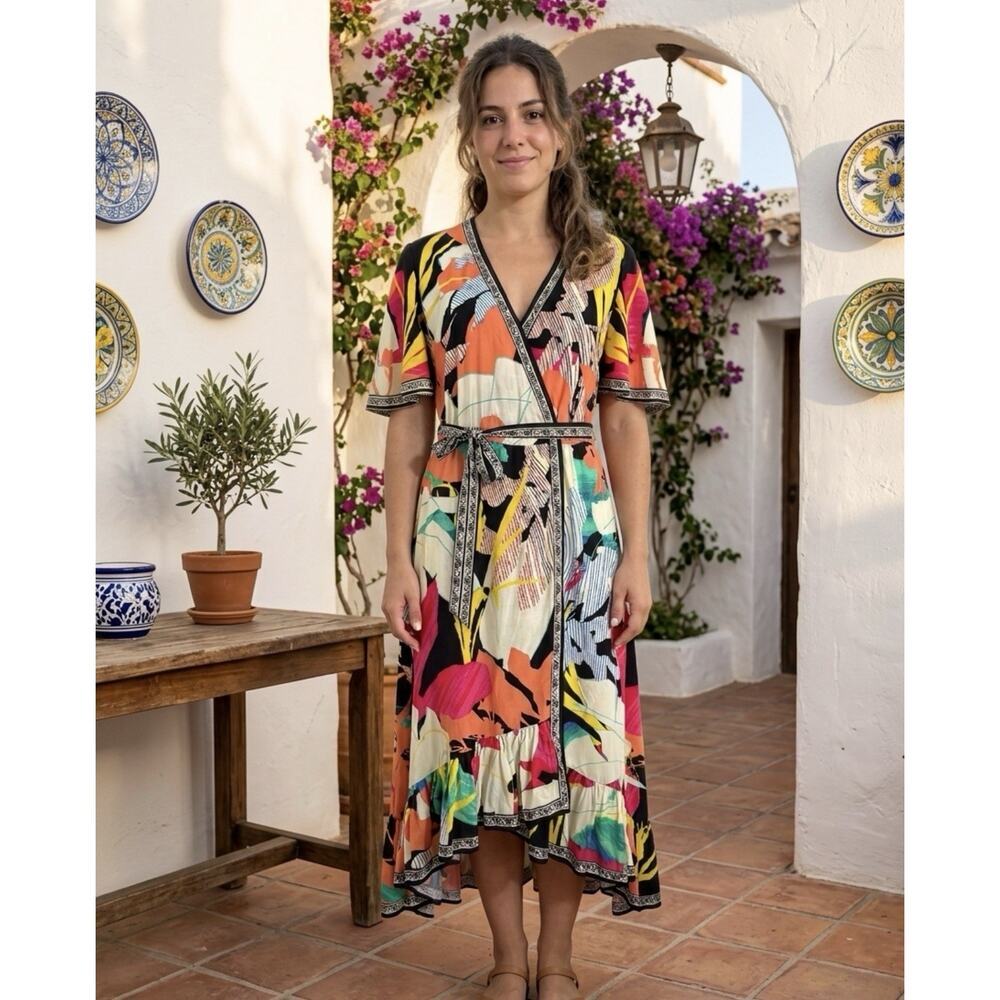 Flying Tomato Tropical Floral High Low Hem Midi Dress Plunge Neckline Size M